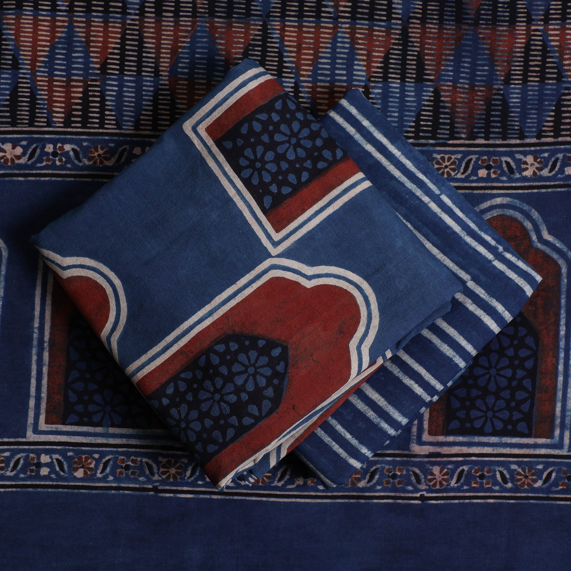 Blue - 3pc Ajrakh Hand Block Printed Cotton Suit Material Set