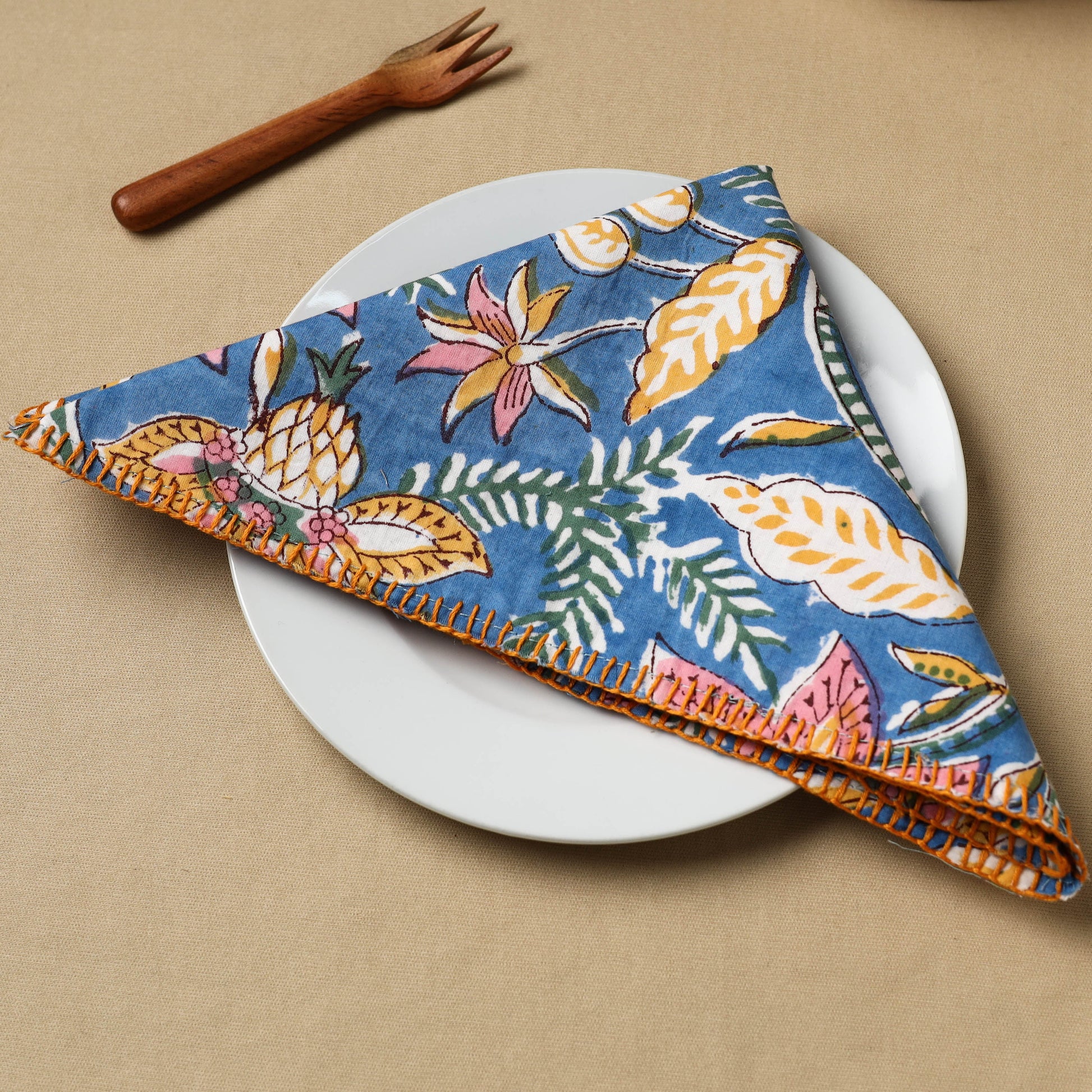 Blue - Floral Block Print Hand Embroidery Table Napkin  06