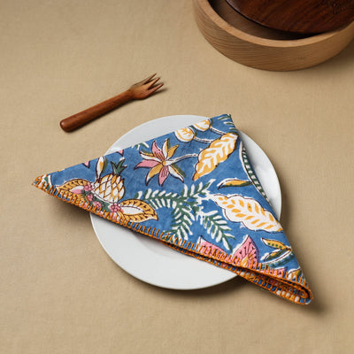 Blue - Floral Block Print Hand Embroidery Table Napkin  06