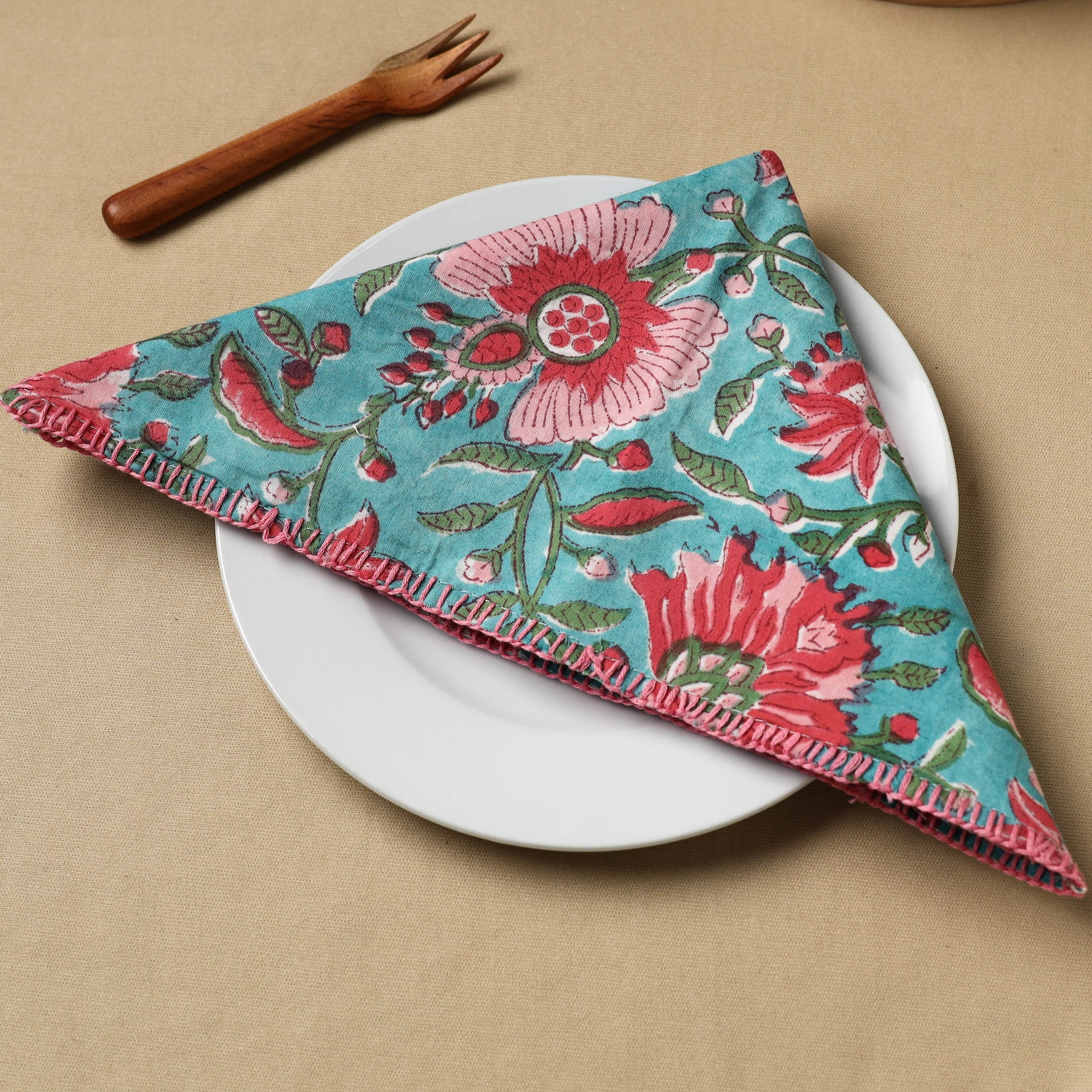 Blue - Floral Block Print Hand Embroidery Table Napkin  09