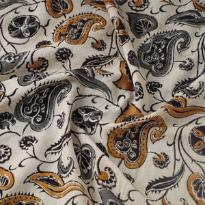 Beige - Block Printed Mul Cotton Pedana Kalamkari Fabric 04