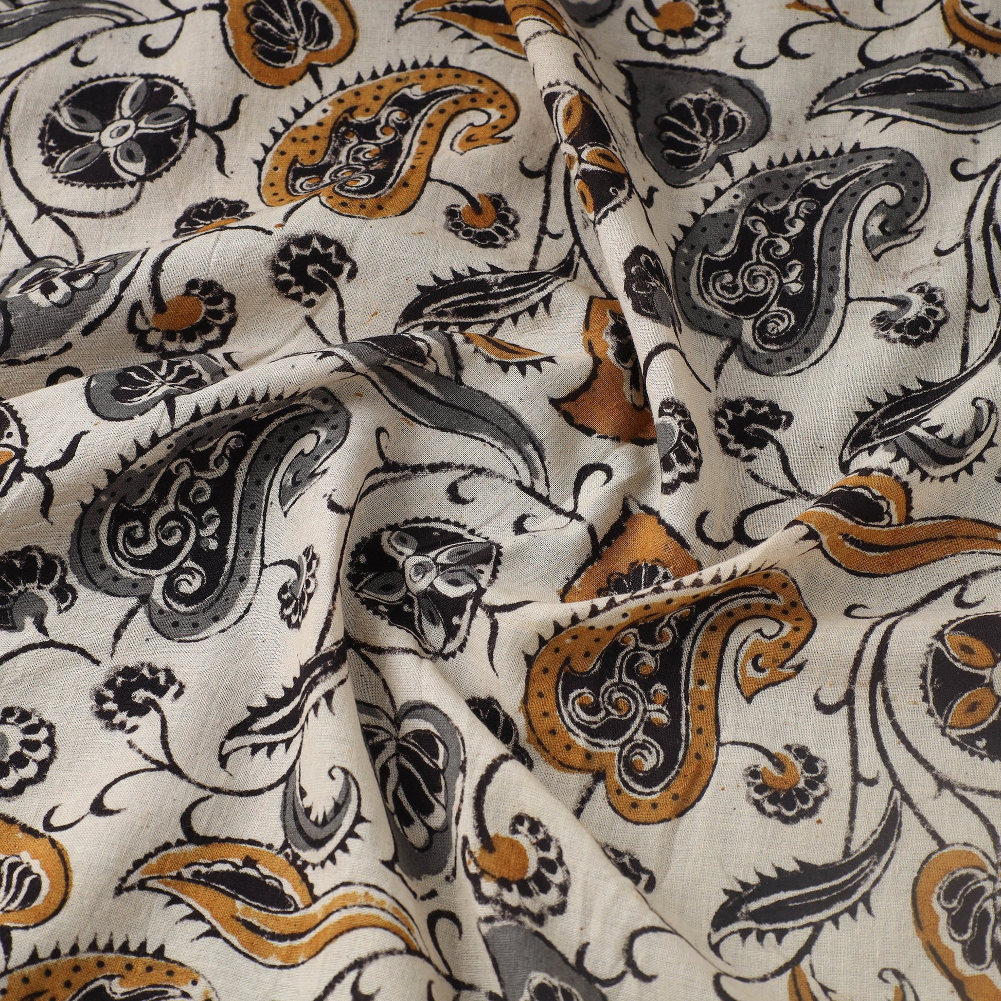 Beige - Block Printed Mul Cotton Pedana Kalamkari Fabric 04