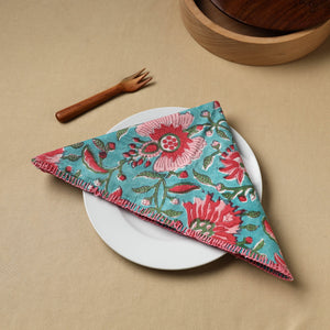 Blue - Floral Block Print Hand Embroidery Table Napkin  09