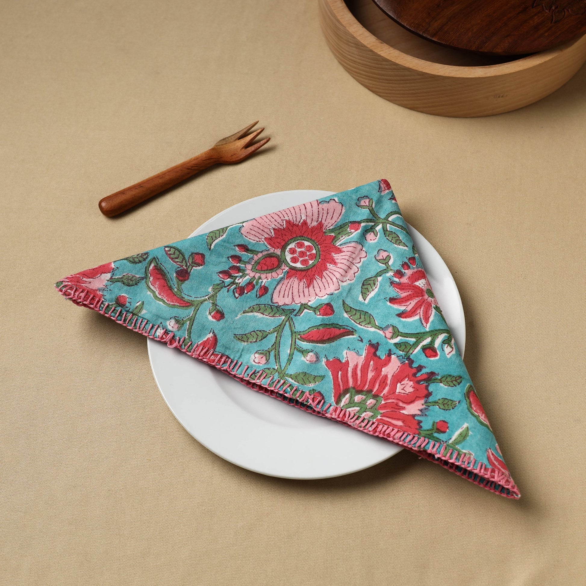 Blue - Floral Block Print Hand Embroidery Table Napkin  09