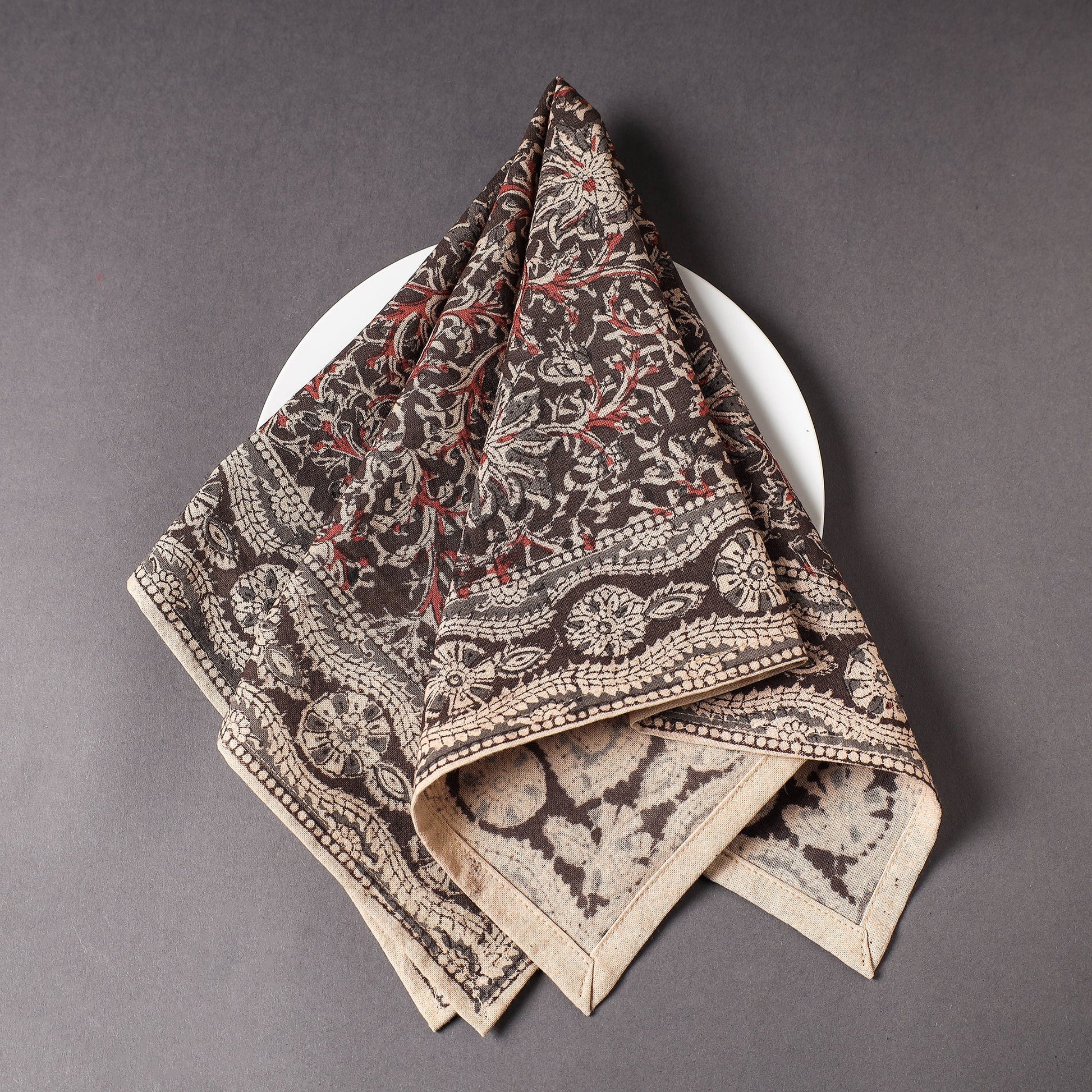 Brown - Pedana Kalamkari Block Printed Cotton Napkin (18 x 18 in)