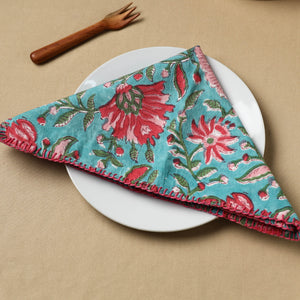 Blue - Floral Block Print Hand Embroidery Table Napkin  07