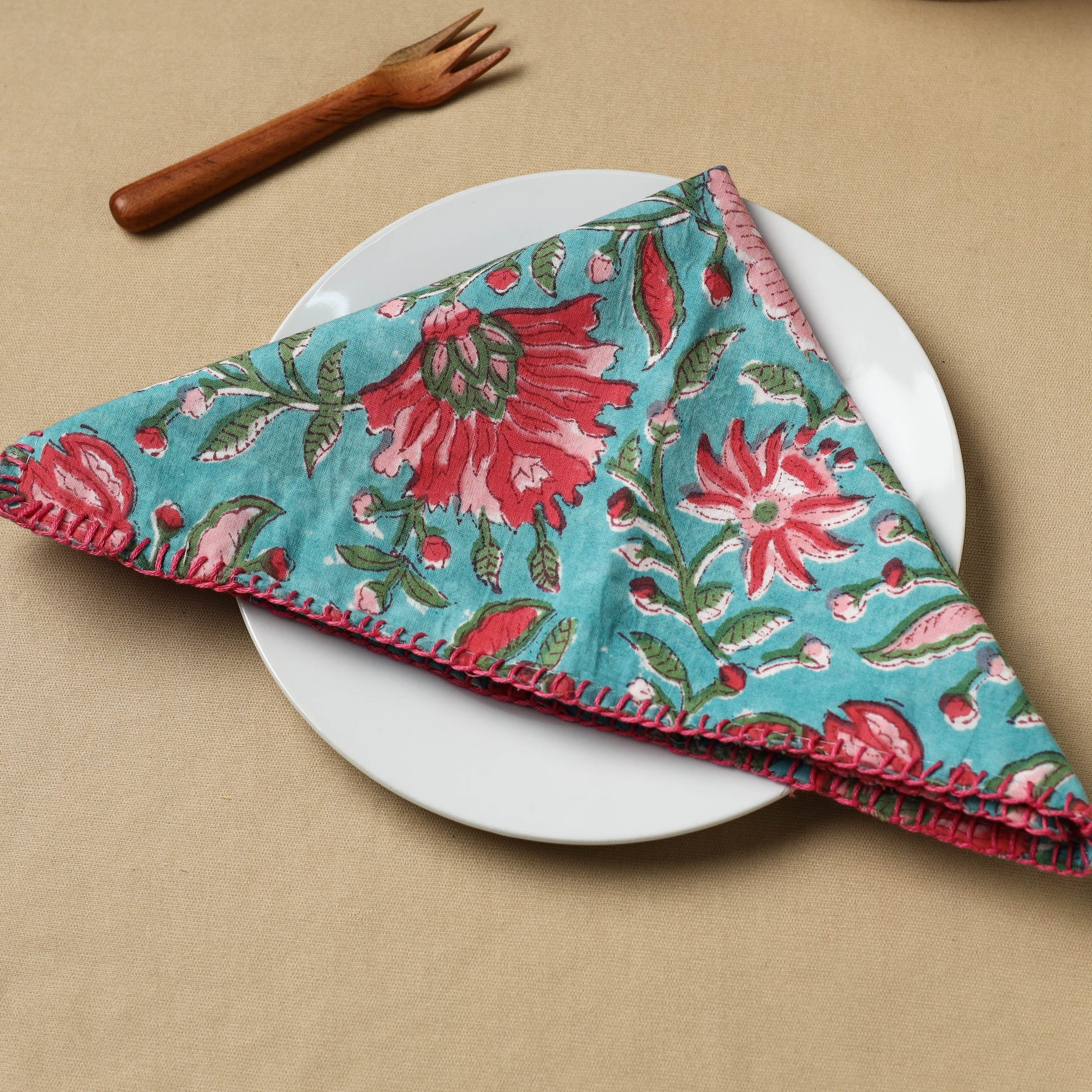 Blue - Floral Block Print Hand Embroidery Table Napkin  07