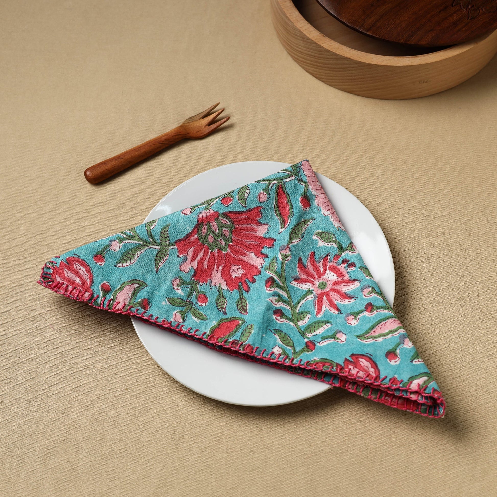 Blue - Floral Block Print Hand Embroidery Table Napkin  07