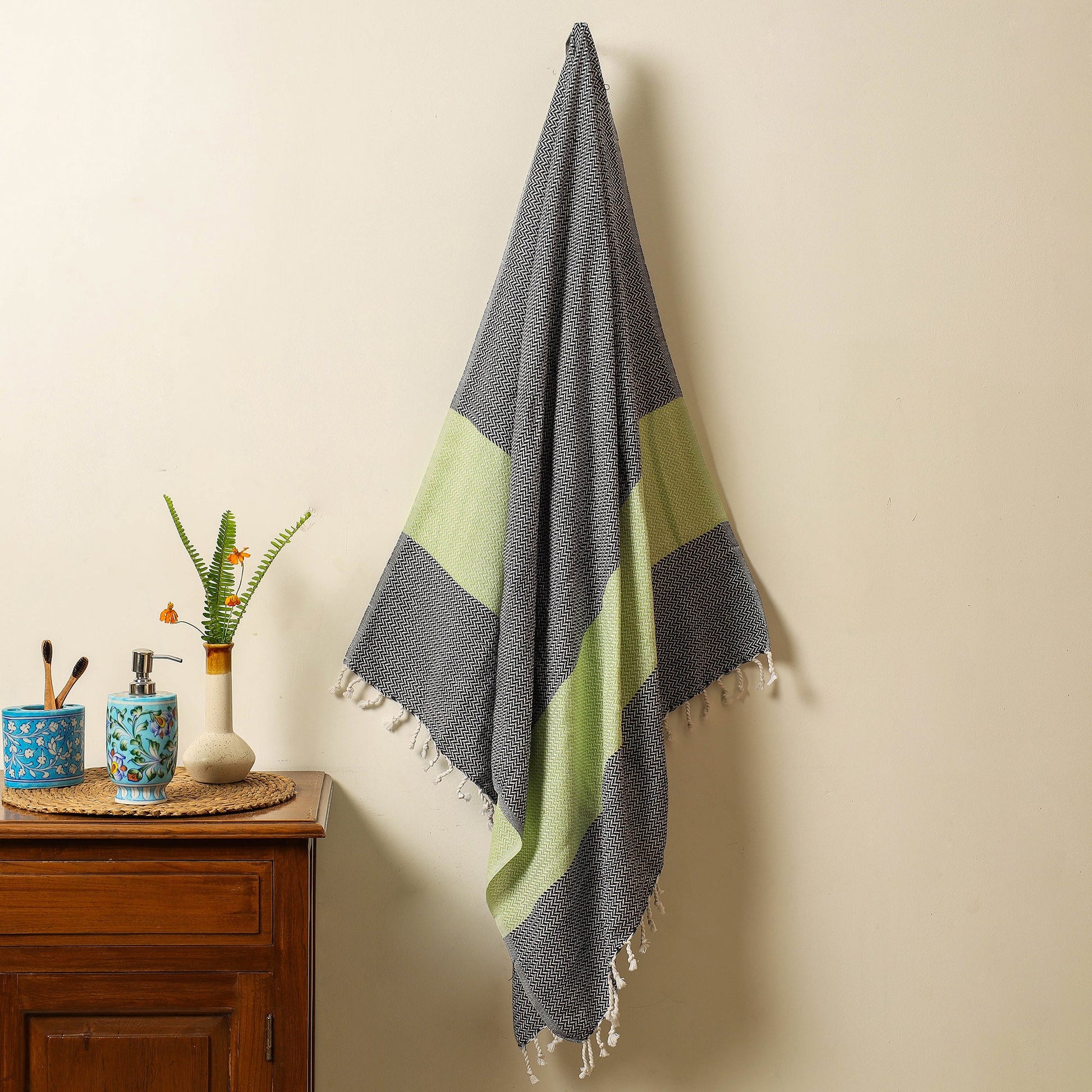 Black - Handloom Cotton Towel with Tassels from Bijnor by Nizam