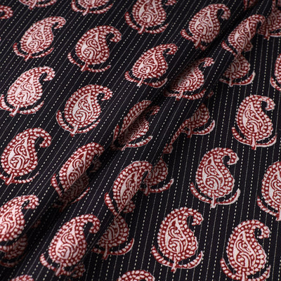 Black - Bagh Block Printed Kantha Style Cotton Fabric 02