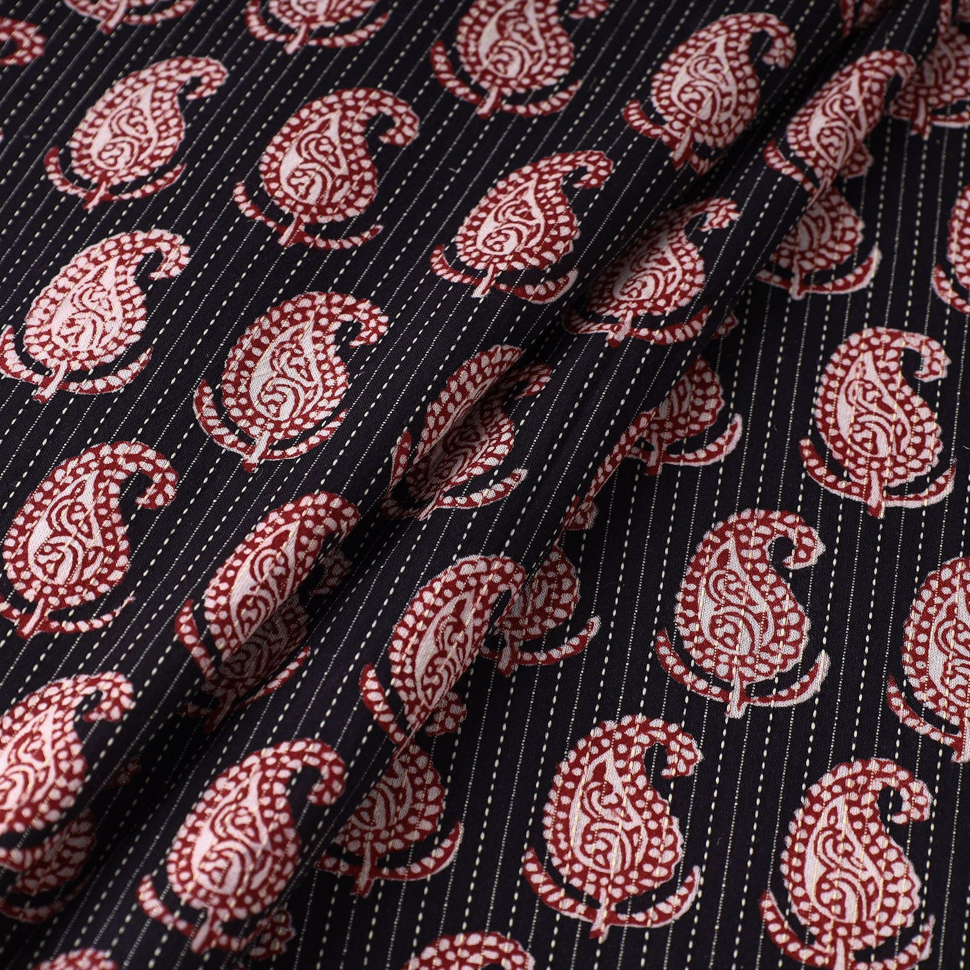 Black - Bagh Block Printed Kantha Style Cotton Fabric 02