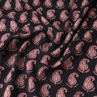 Black - Bagh Block Printed Kantha Style Cotton Fabric 02
