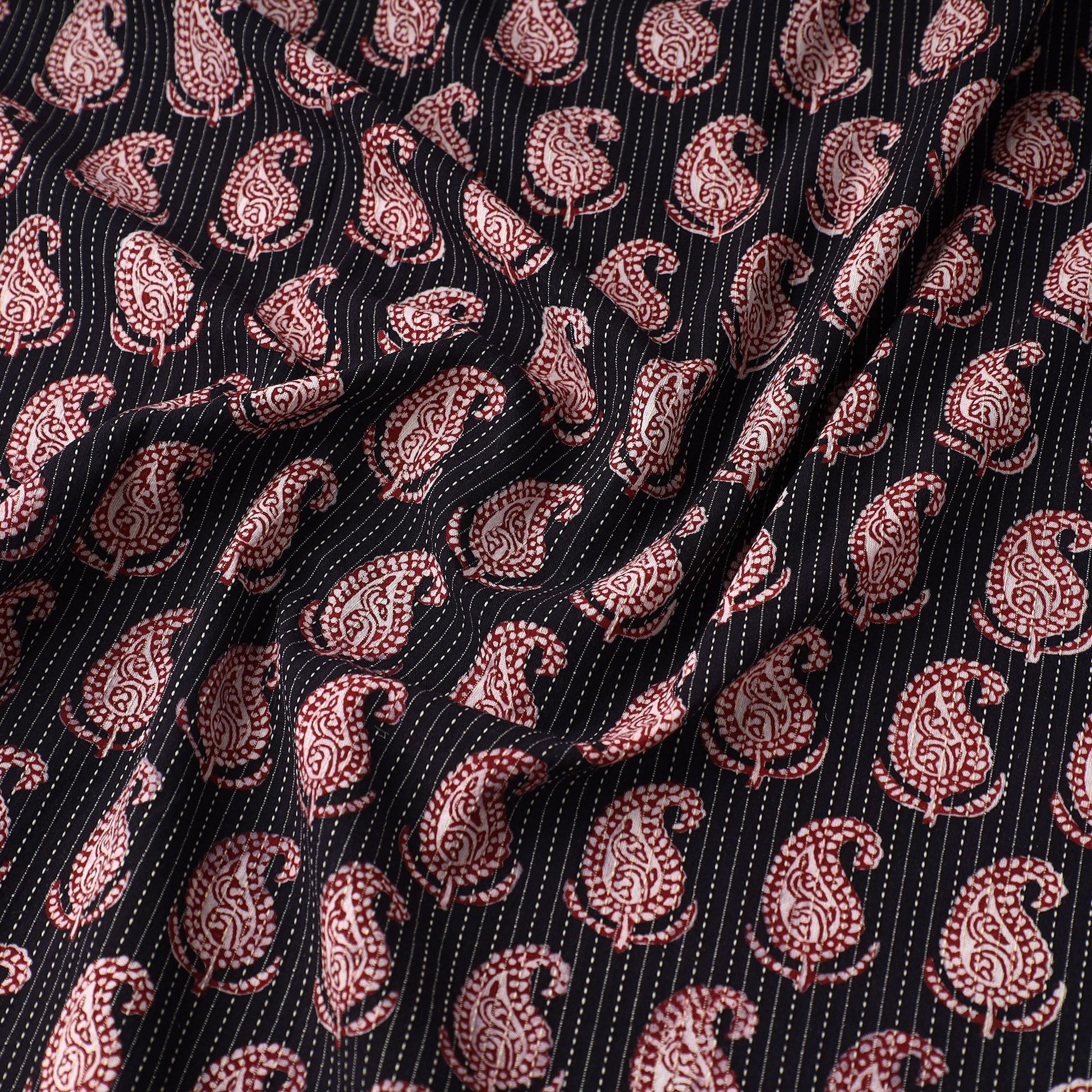 Black - Bagh Block Printed Kantha Style Cotton Fabric 02
