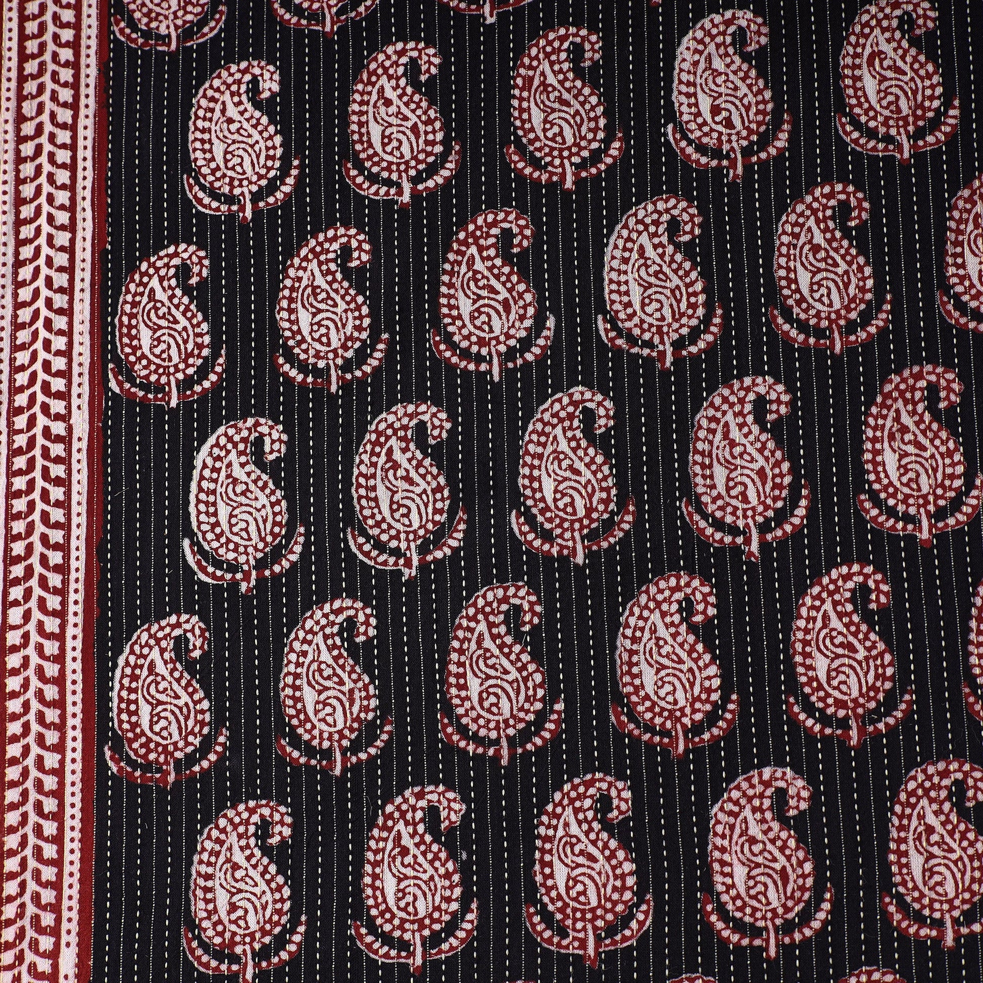 Black - Bagh Block Printed Kantha Style Cotton Fabric 02
