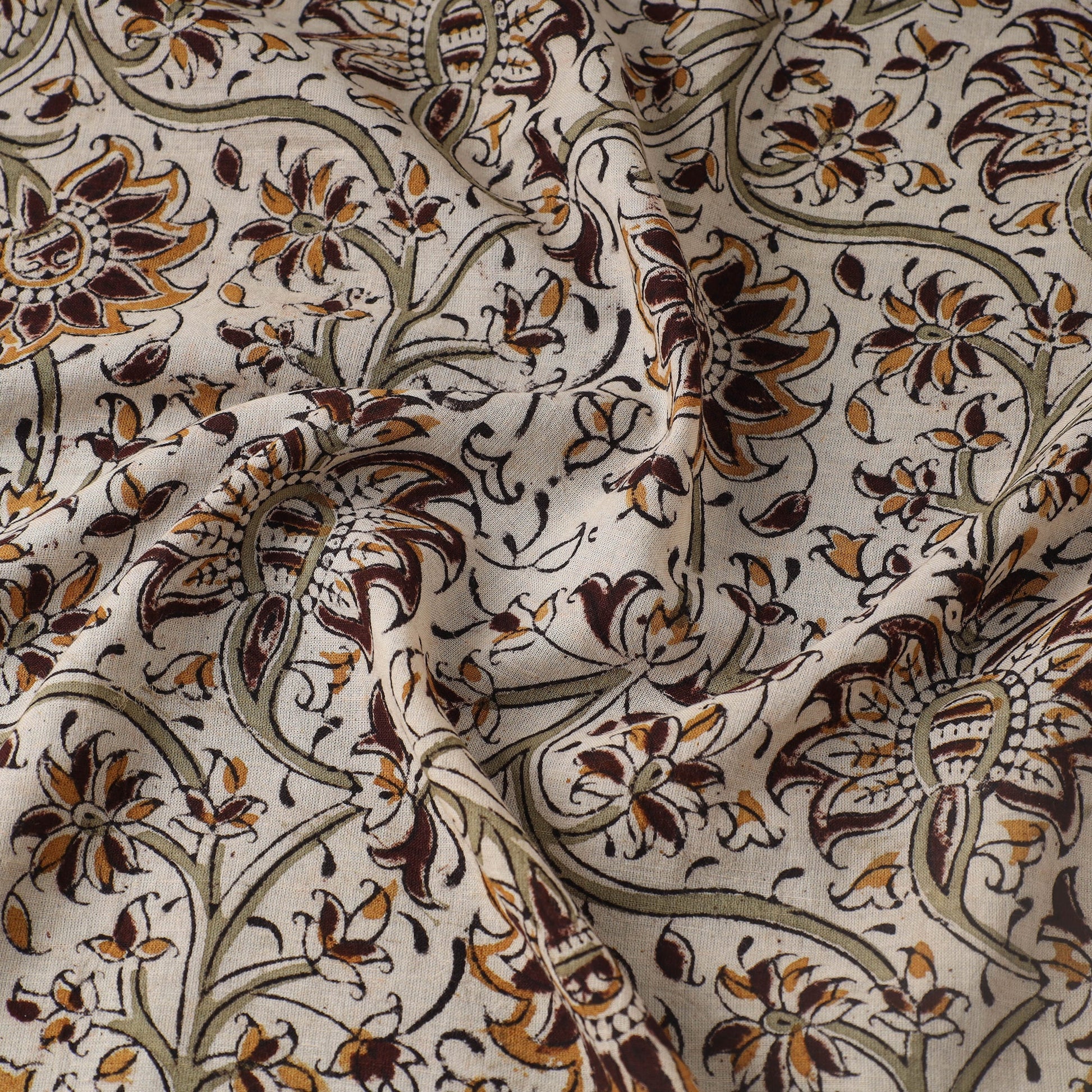 Beige - Pedana Kalamkari Hand Block Printed Mul Cotton Fabric 09