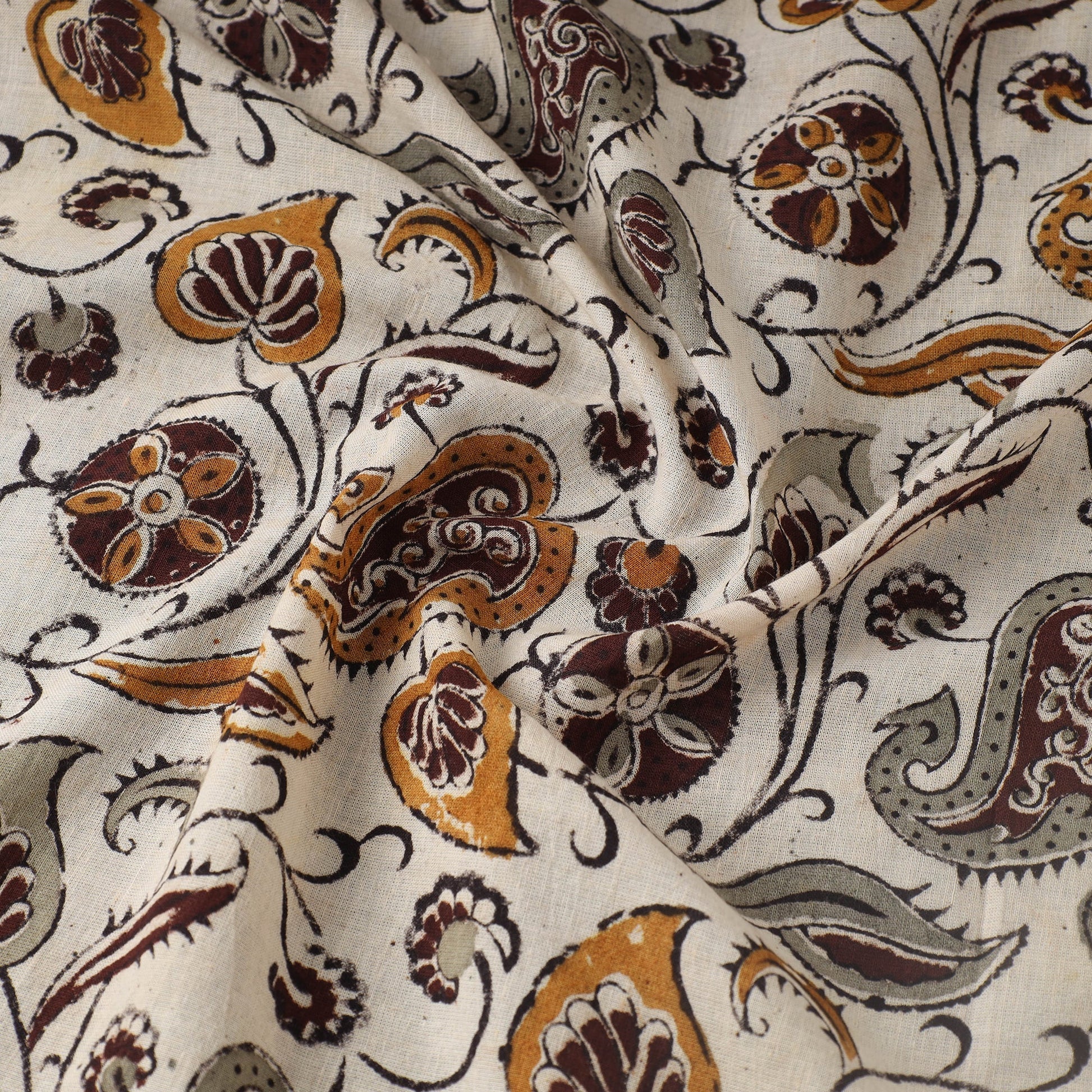 Beige - Pedana Kalamkari Hand Block Printed Mul Cotton Fabric 10