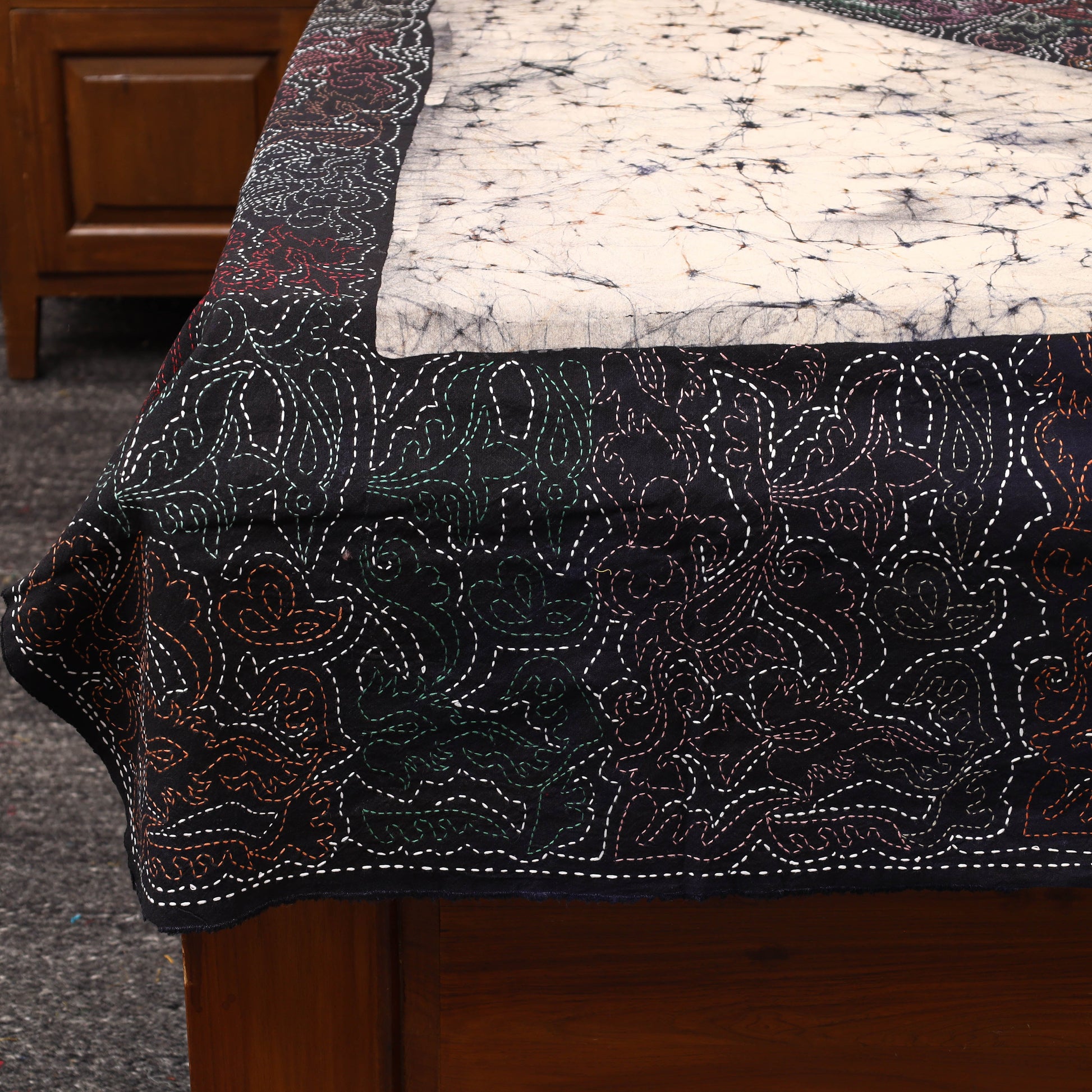 Black - Hand Batik Printed Cotton Kantha Work Bedsheet 04