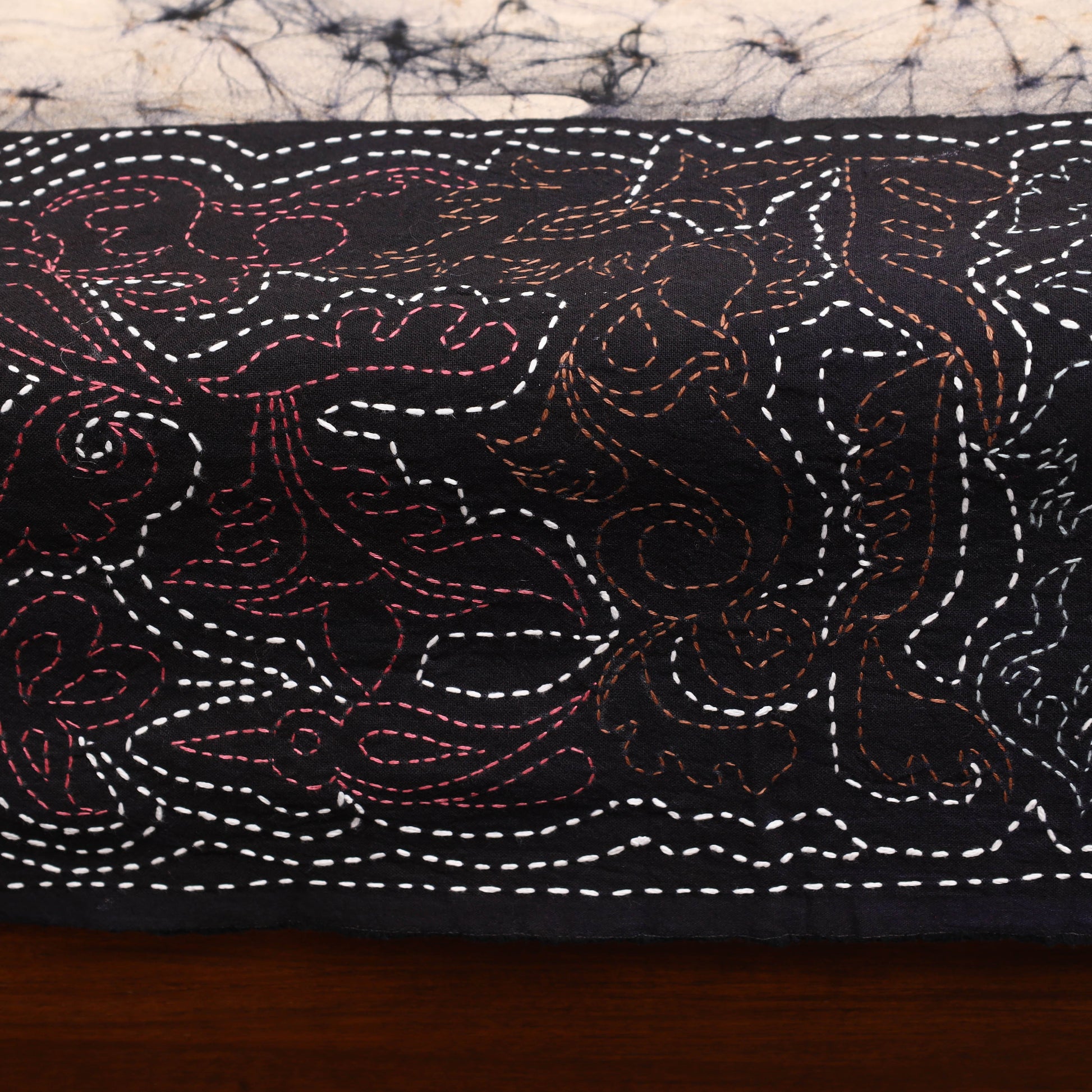 Black - Hand Batik Printed Cotton Kantha Work Bedsheet 04
