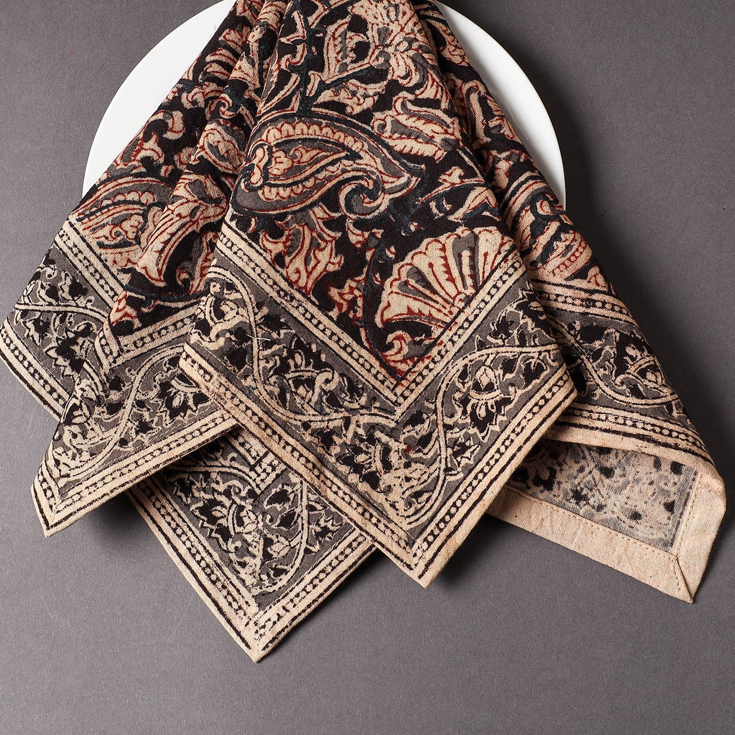 Black - Pedana Kalamkari Block Printed Cotton Napkin (18 x 18 in)