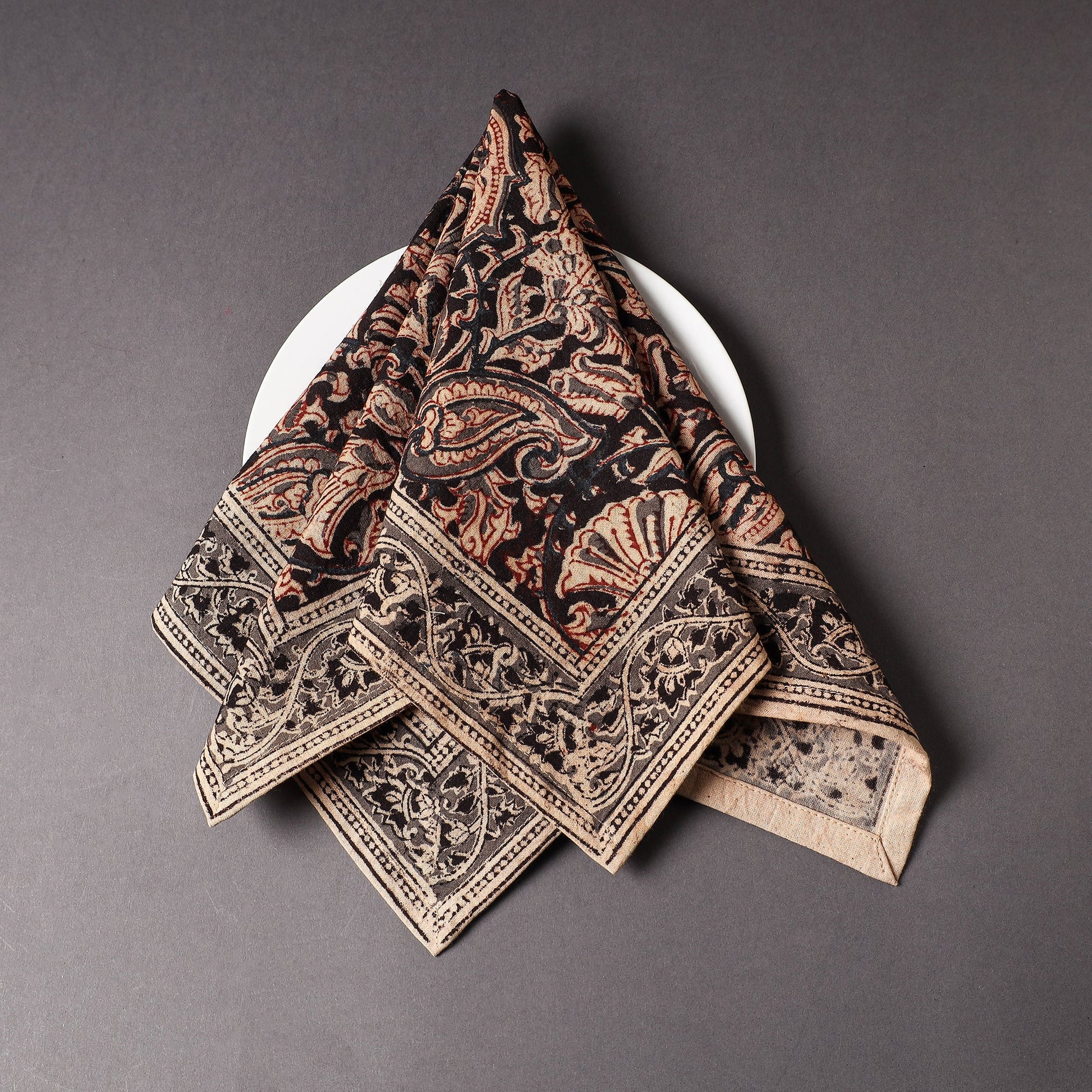 Black - Pedana Kalamkari Block Printed Cotton Napkin (18 x 18 in)