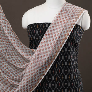 Black - 2pc Mercerised Cotton Ikat Kurta with Sanganeri Dupatta 10