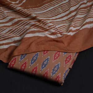 Brown - 2pc Pochampally Central Asian Ikat Cotton Handloom Kurta with Bagru Dupatta 15