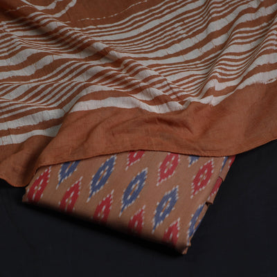 Brown - 2pc Pochampally Central Asian Ikat Cotton Handloom Kurta with Bagru Dupatta 15