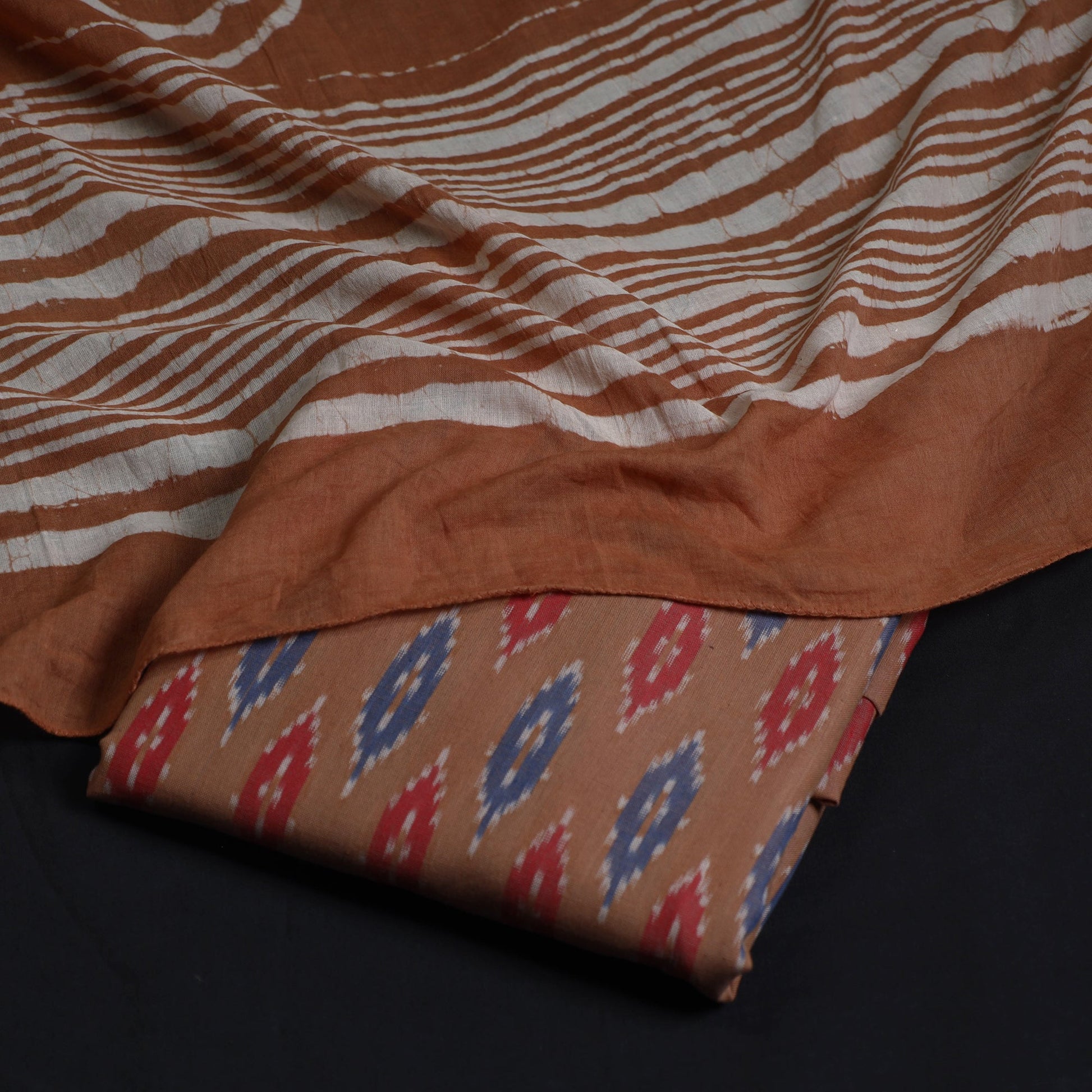 Brown - 2pc Pochampally Central Asian Ikat Cotton Handloom Kurta with Bagru Dupatta 15