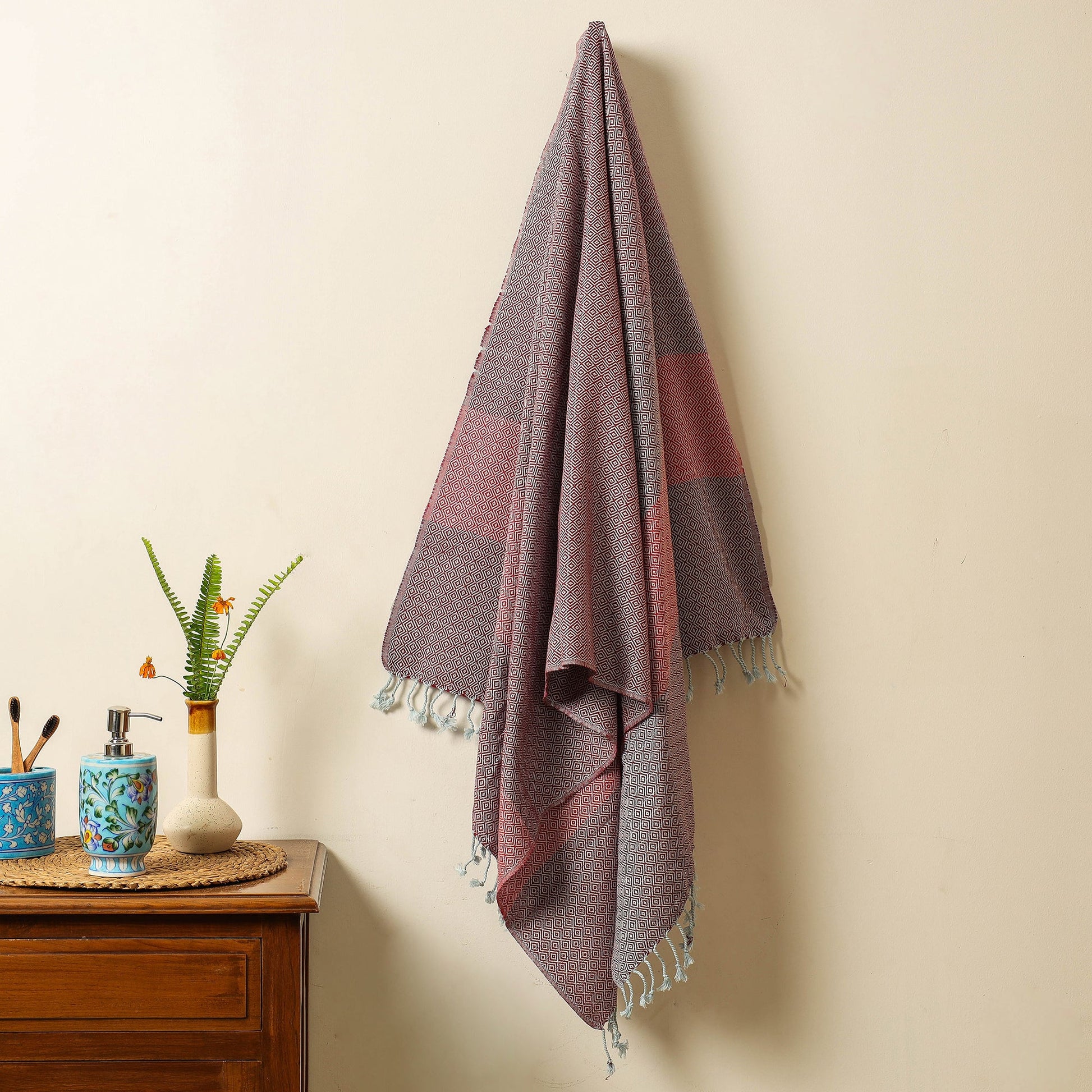 Brown - Handloom Cotton Towel with Tassels from Bijnor by Nizam