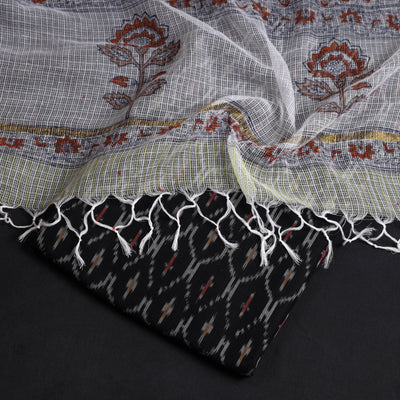 Black - 2pc Mercerised Cotton Ikat Kurta with Sanganeri Dupatta 10