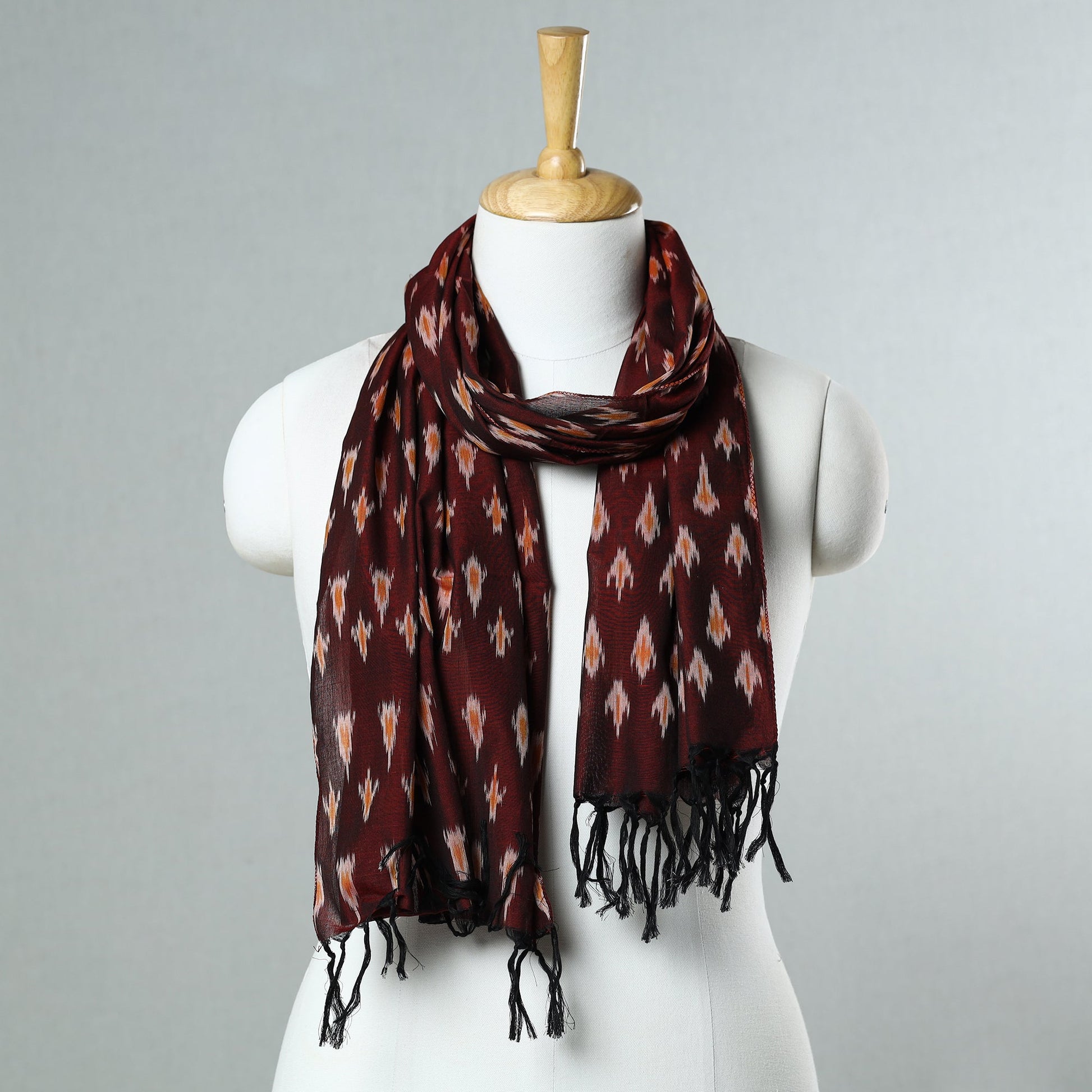 Brown - Handloom Mercerized Cotton Pochampally Ikat Stole 06