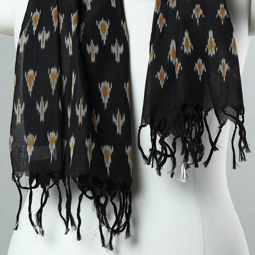 Black - Handloom Mercerized Cotton Pochampally Ikat Stole 08