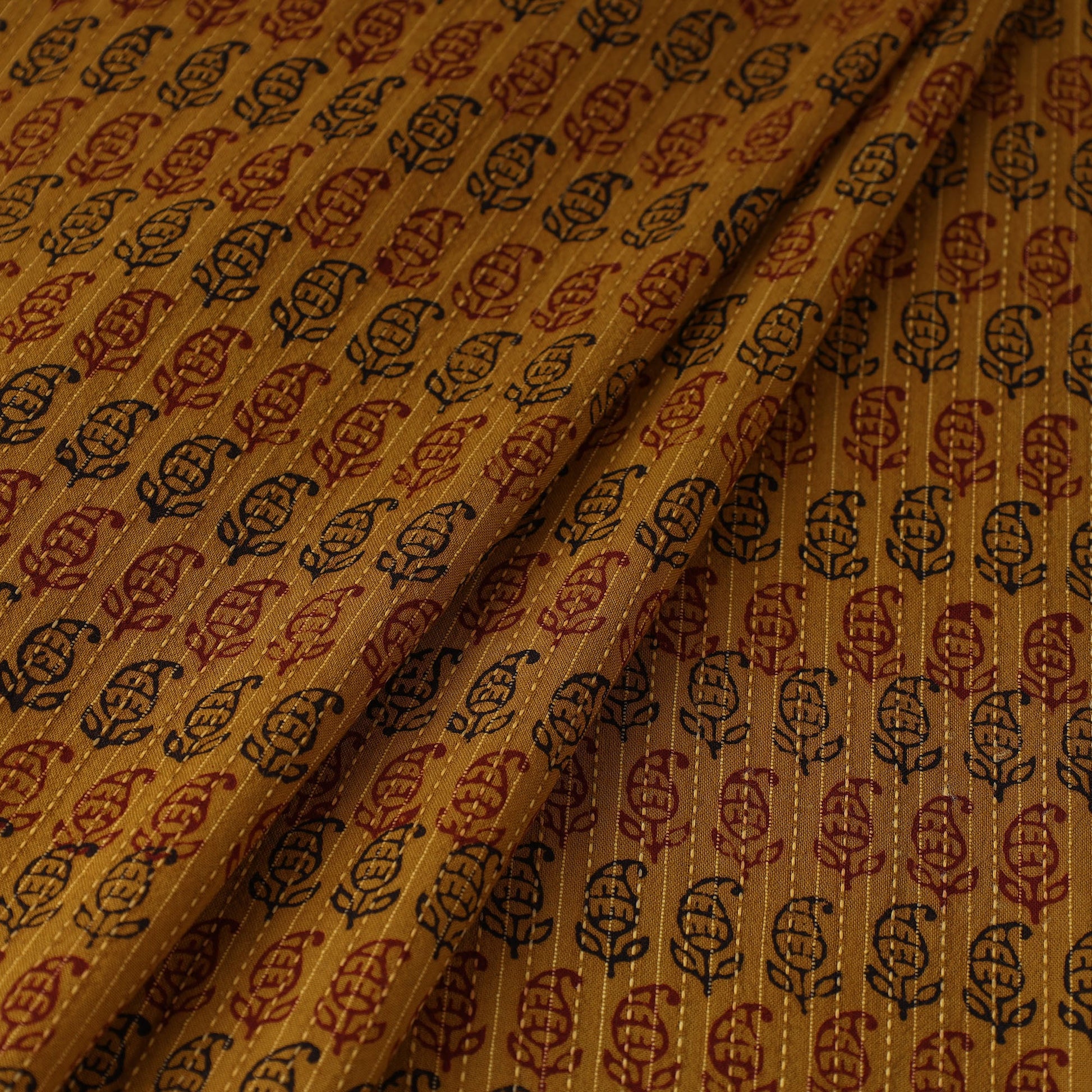 Brown - Bagh Block Printed Kantha Style Cotton Fabric 10