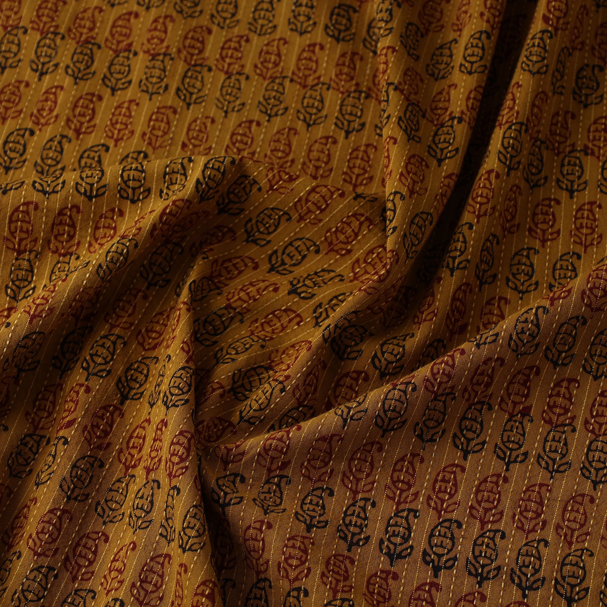 Brown - Bagh Block Printed Kantha Style Cotton Fabric 10
