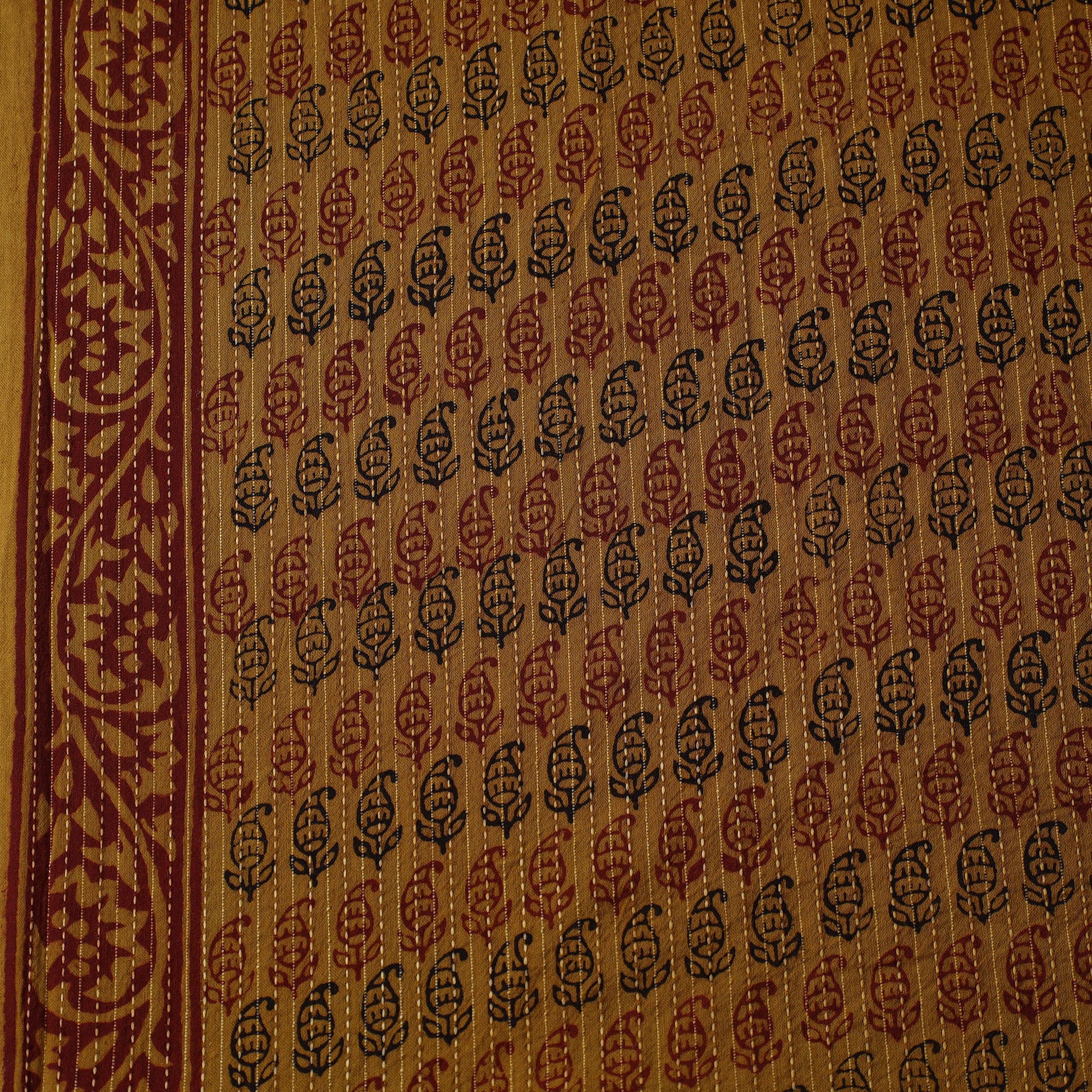 Brown - Bagh Block Printed Kantha Style Cotton Fabric 10