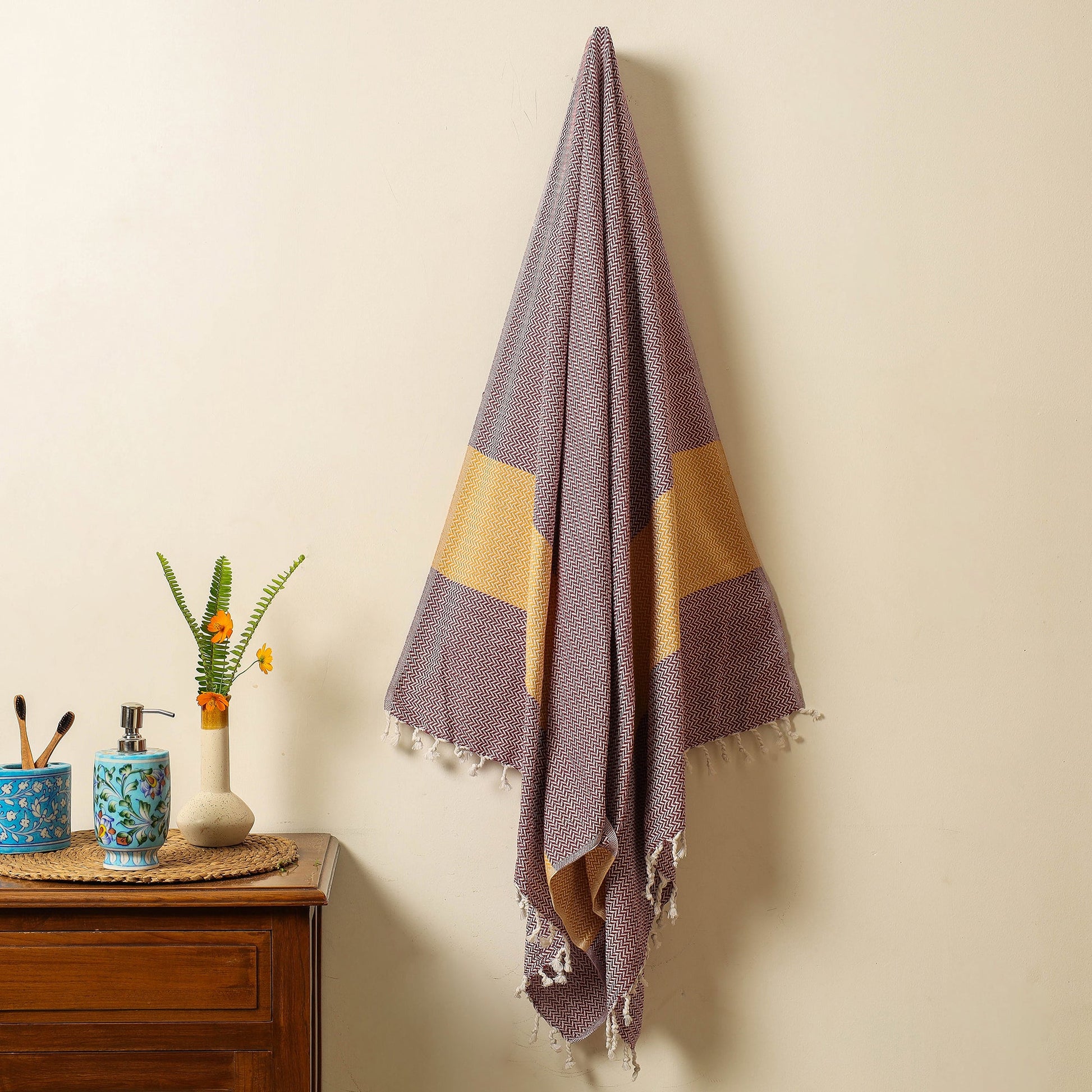 Brown - Handloom Cotton Towel with Tassels from Bijnor by Nizam