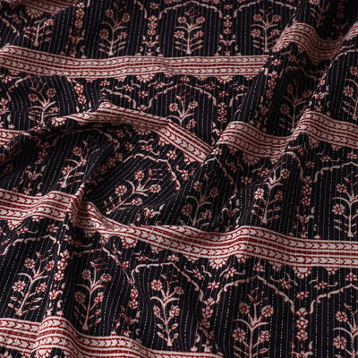 Black - Bagh Block Printed Kantha Style Cotton Fabric 12