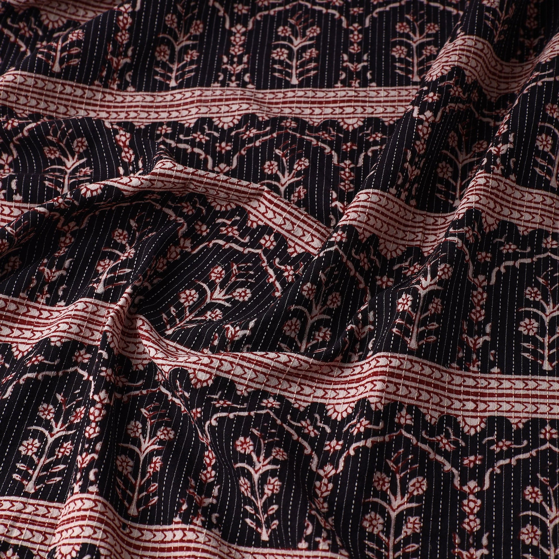 Black - Bagh Block Printed Kantha Style Cotton Fabric 12