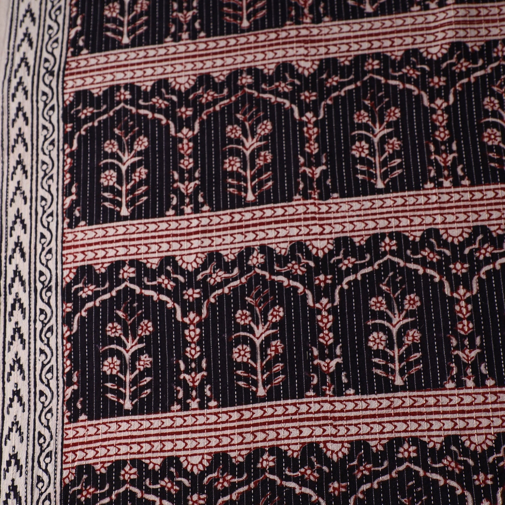 Black - Bagh Block Printed Kantha Style Cotton Fabric 12