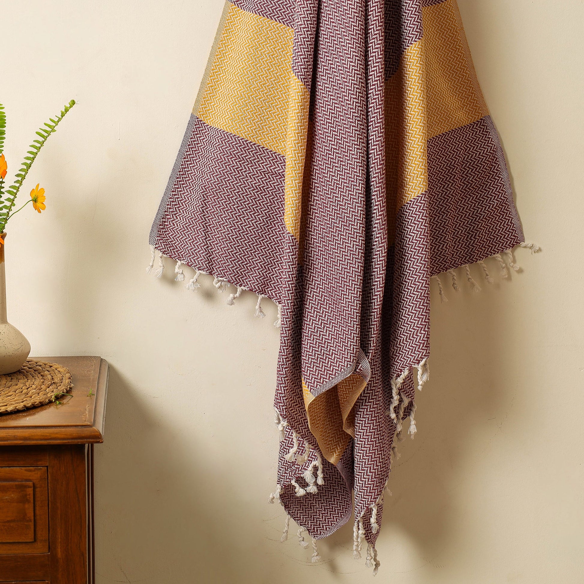 Brown - Handloom Cotton Towel with Tassels from Bijnor by Nizam