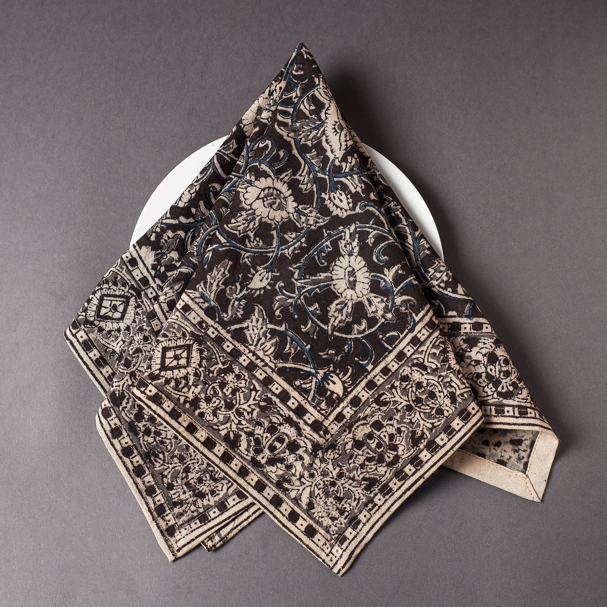 Black - Pedana Kalamkari Block Printed Cotton Napkin (18 x 18 in)