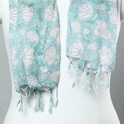 Aqua Blue - Sanganeri Block Printed Cotton Stole with Tassels 40
