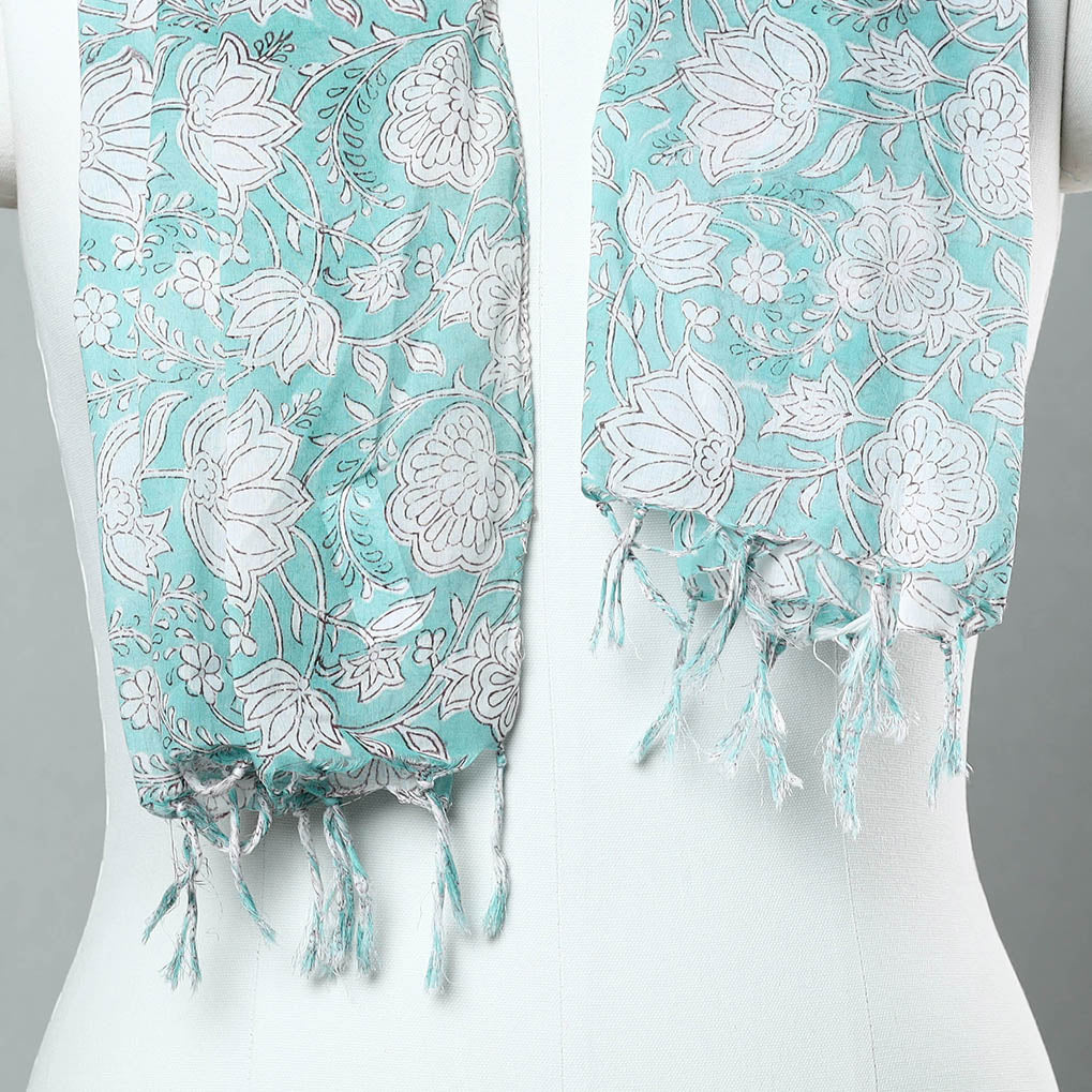 Aqua Blue - Sanganeri Block Printed Cotton Stole with Tassels 40
