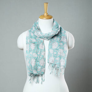 Aqua Blue - Sanganeri Block Printed Cotton Stole with Tassels 40