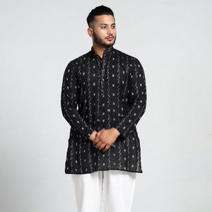 Black - Sambalpuri Ikat Weave Cotton Men Short Kurta