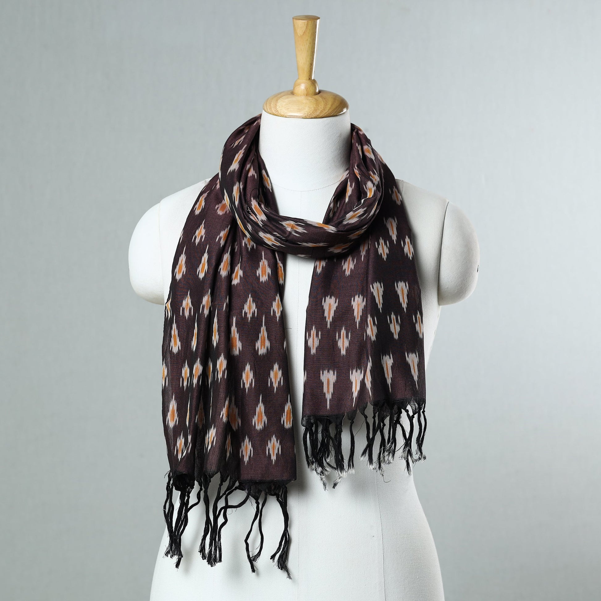 Brown - Handloom Mercerized Cotton Pochampally Ikat Stole 36