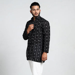 Black - Sambalpuri Ikat Weave Cotton Men Short Kurta