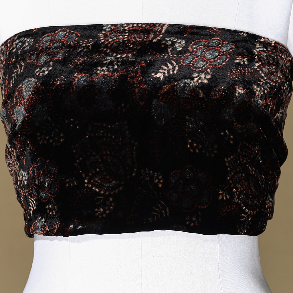 Black - Ajrakh Hand Block Printed Velvet Blouse Piece