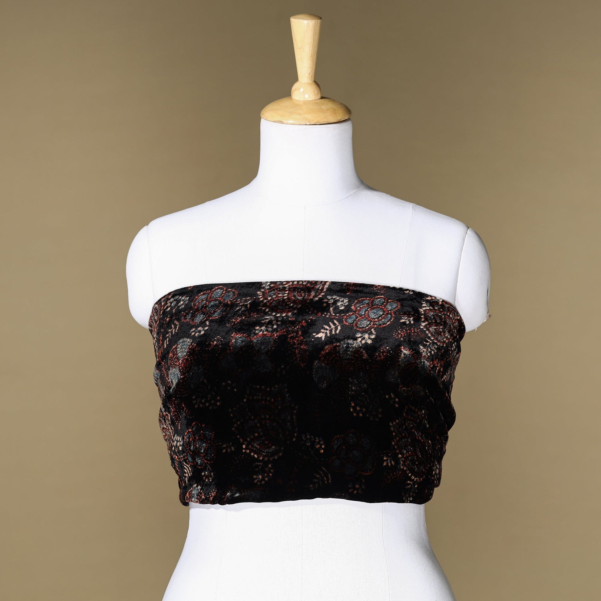 Black - Ajrakh Hand Block Printed Velvet Blouse Piece