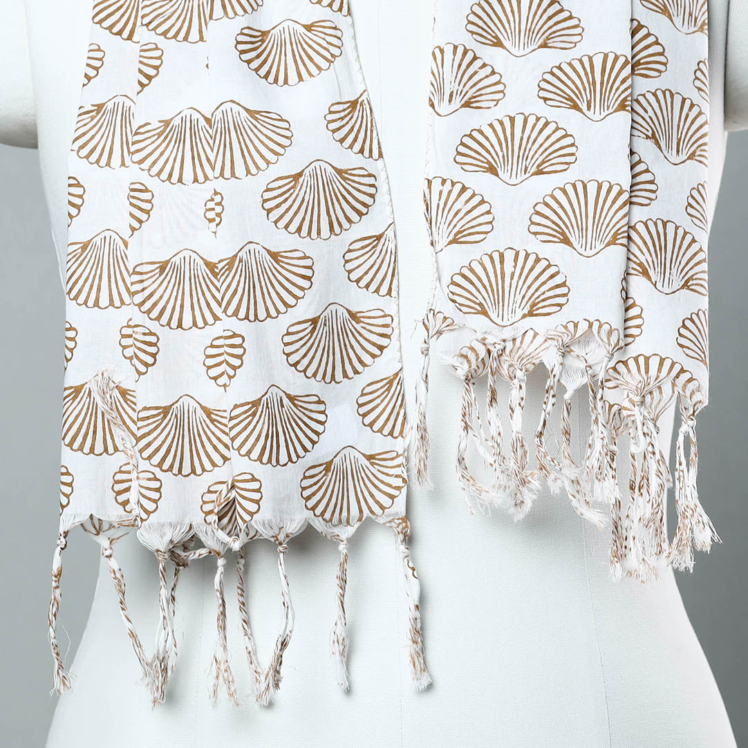 Brown - Sanganeri Block Printed Cotton Stole with Tassels 51